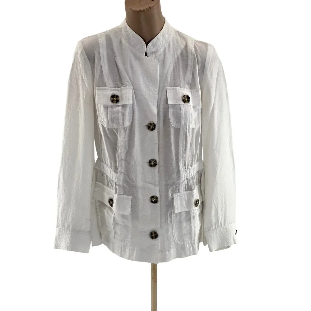 Chico's Jacket Womens 0 White Utility Safari Button Front Pockets Elastic Waist